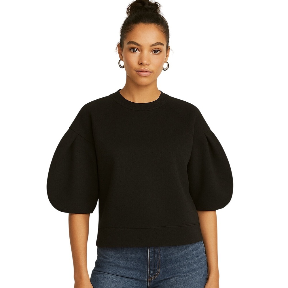 Madewell Puff Sleeve Sweatshirt Tee Black‎ XXS Boxy Short Sleeve Top NWT